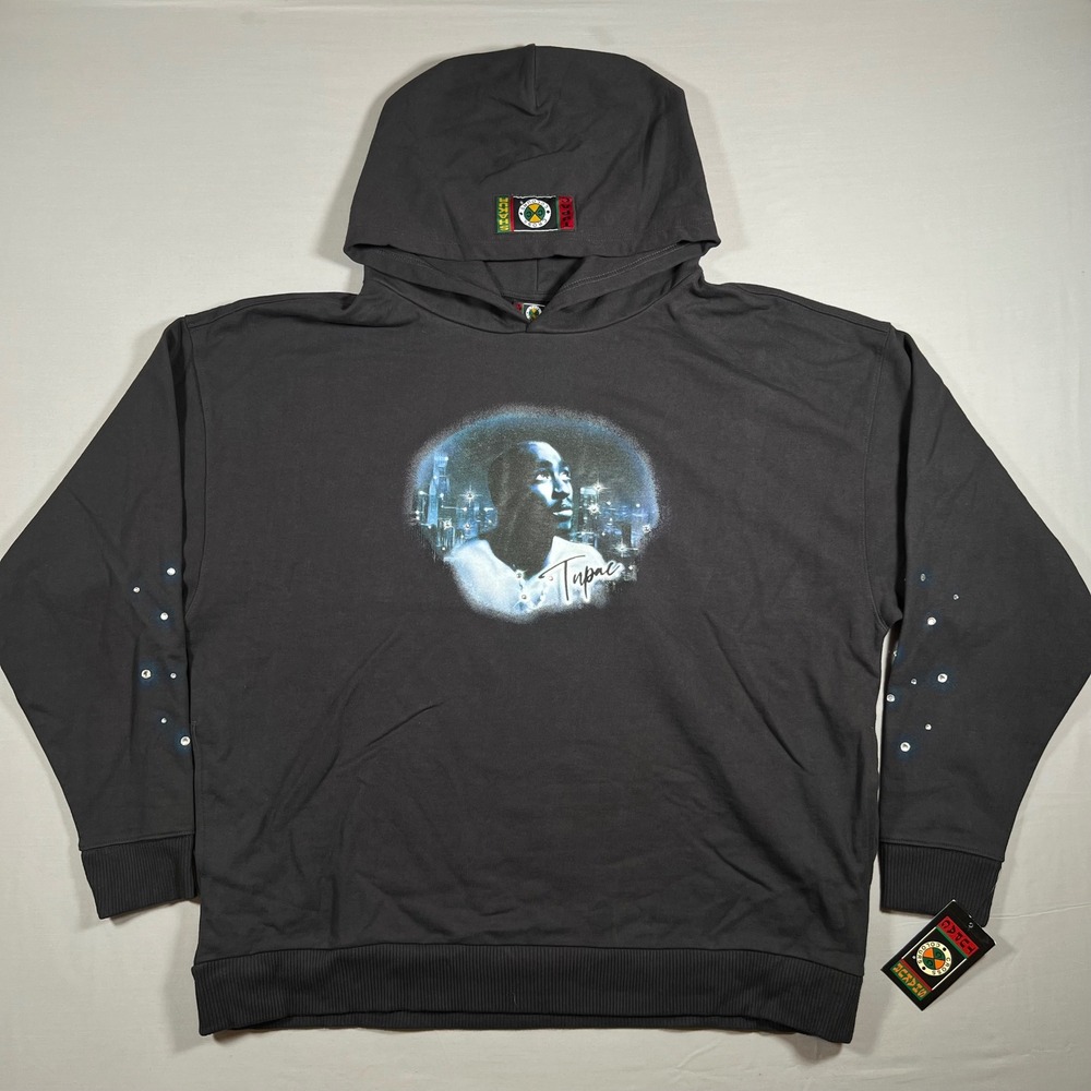 Cross Colours Tupac Shakur Hoodie Mens L Black 2Pac Rhinestone 90s Oversized New